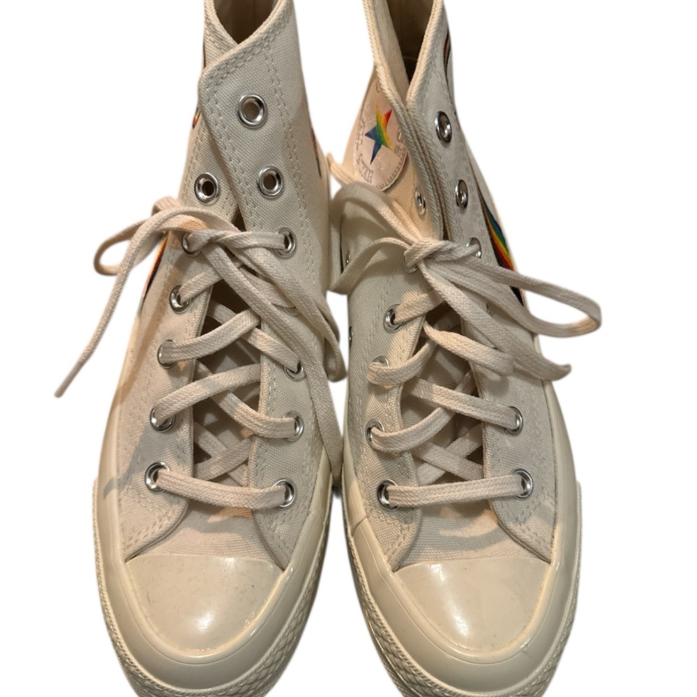 Converse Cream High Top Sneakers with Rainbow Stripe
